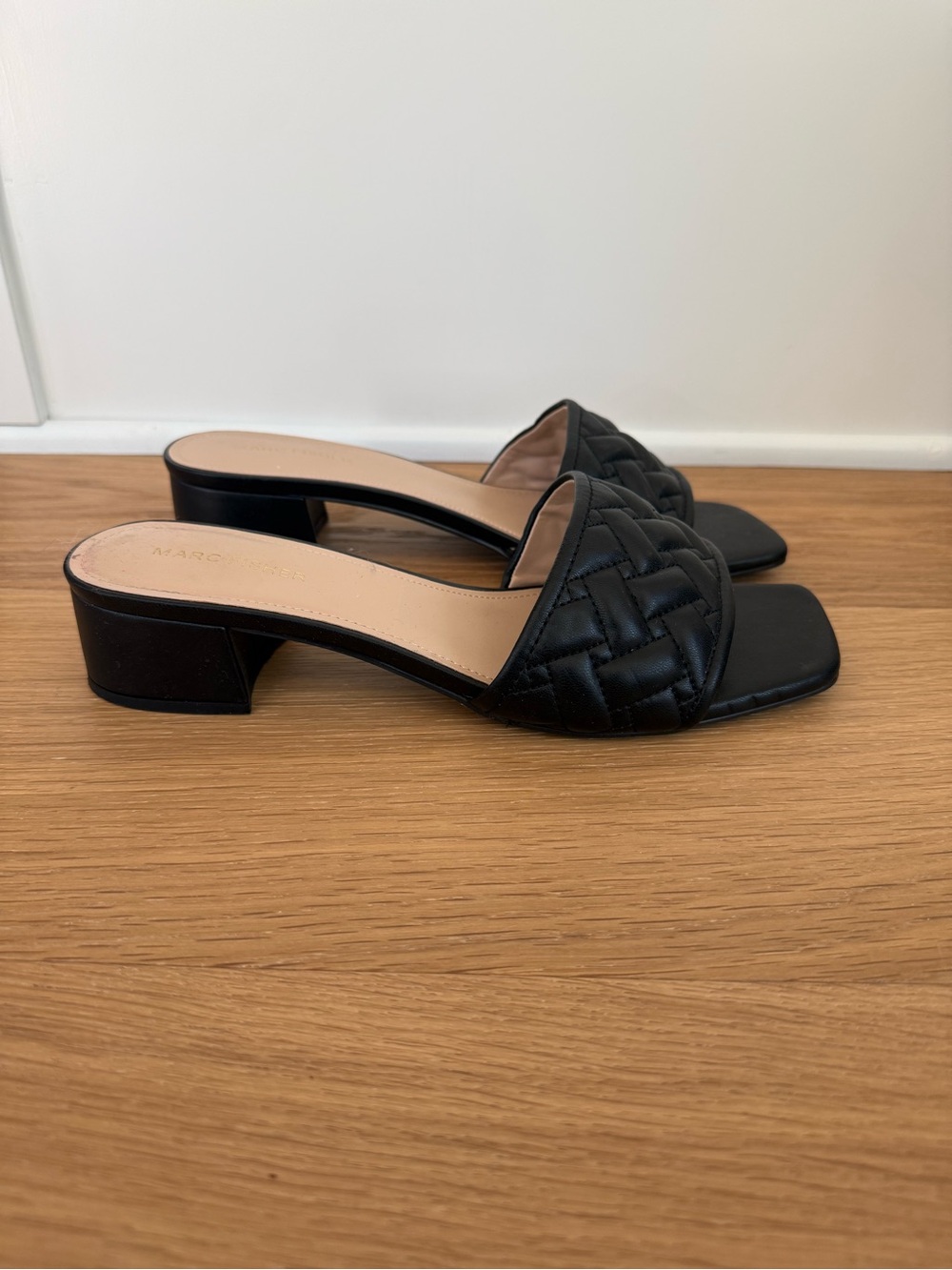 Black Coven Black Quilted Slide Sandals - Women's Low Block Heel Sz. 10